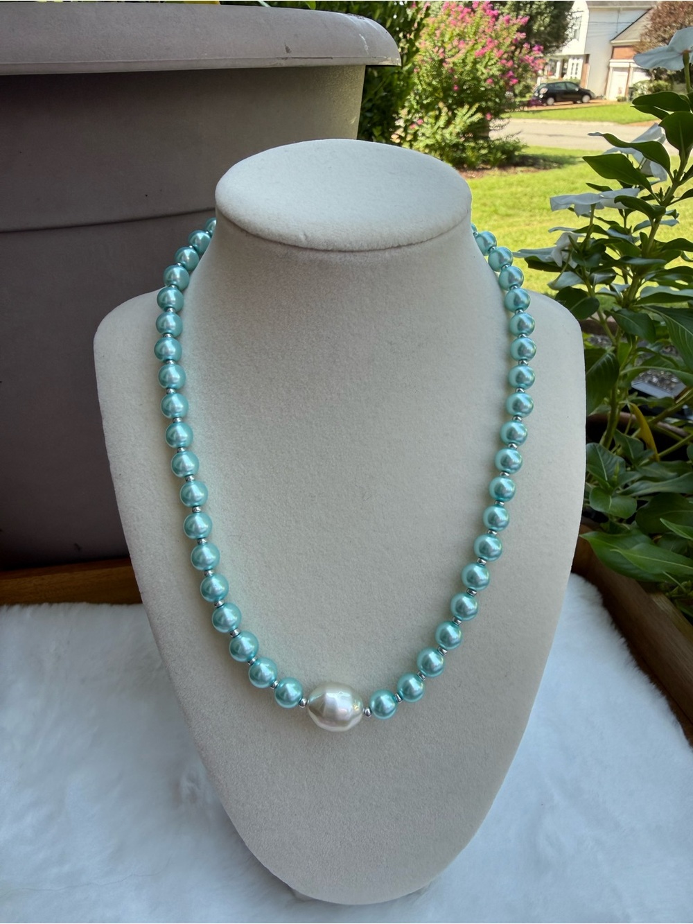 Turquoise Faux Pearl & Silver Glass Bead Statement Necklace  18-inch